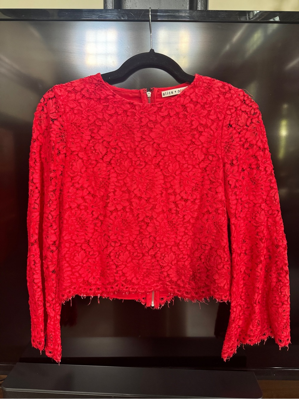 Alice + Olivia Bright Red Lace Long-Sleeve Crop Top